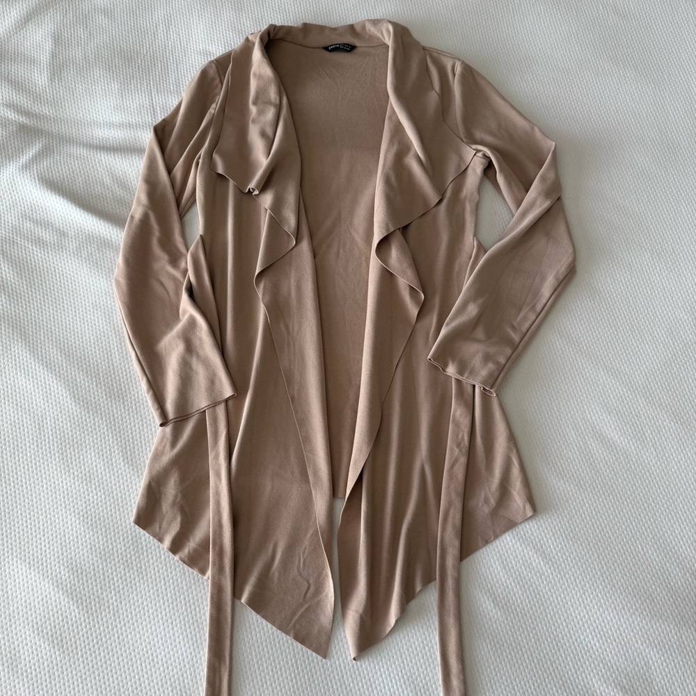 Beige Waterfall Collar Belted Lightweight Coat